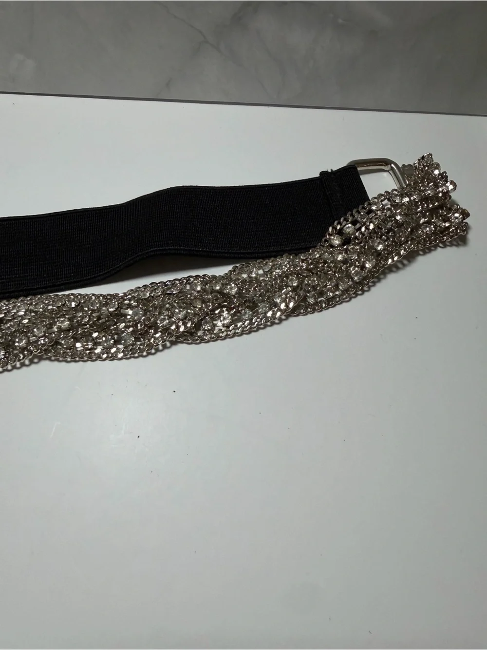 Express black elastic waist belt sparkling silver tone rhinestone beaded